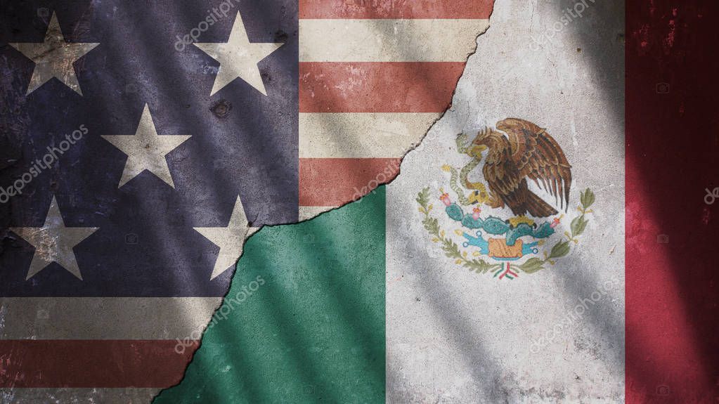Estados Unidos y la bandera de México en muro de hormigón agrietado