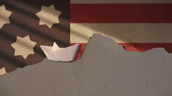 USA flagga knäckt gips och båt — Stockfoto