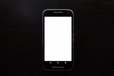 Boş beyaz ekran çerçeve cep telefonu Android siyah ahşap Resepsiyon