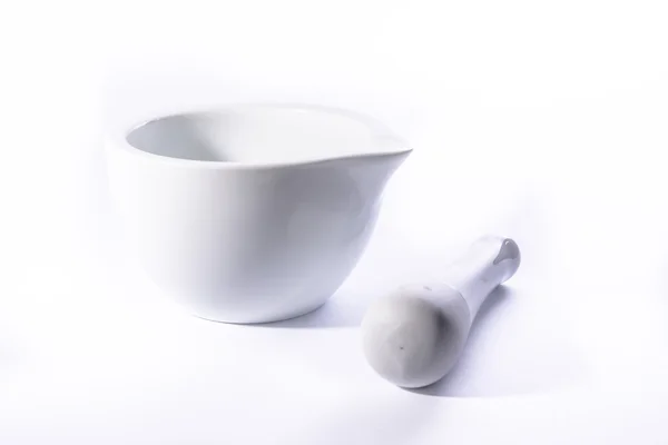 White Ceramic Clay Mortar Pestle Medicine Grinding Empty Contain — Stock Photo, Image