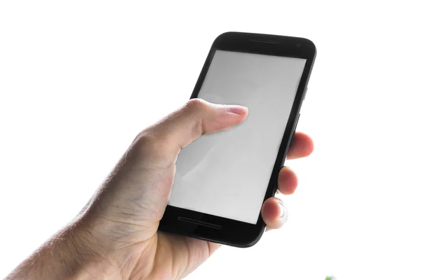 手使用空白白色屏幕手机按手指隔离 — 图库照片