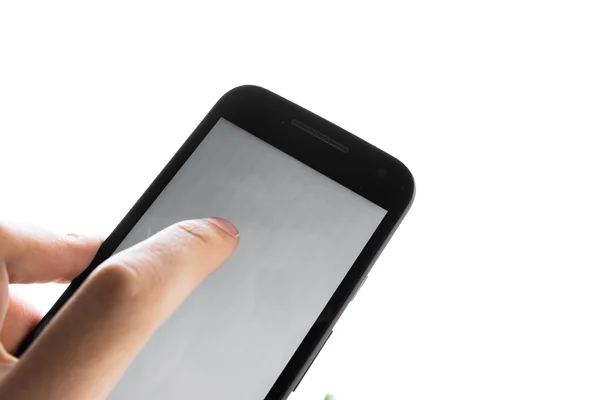 Boş beyaz ekran cep telefonu basın parmak izole kullanarak ele — Stok fotoğraf