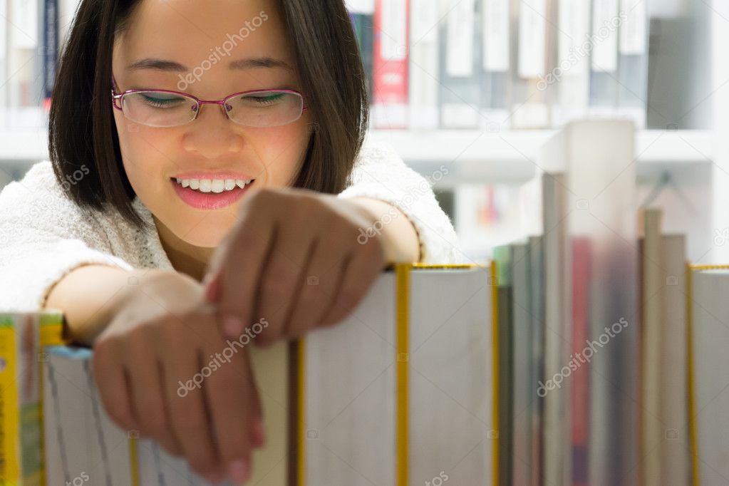 Asian Girl Reading Searching Books Library White Modern Cute Gla