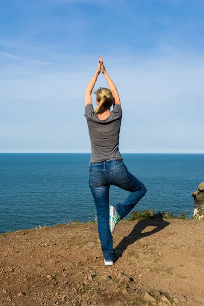 Woman Tree Pose Cliff Ocean Landscape Yoga