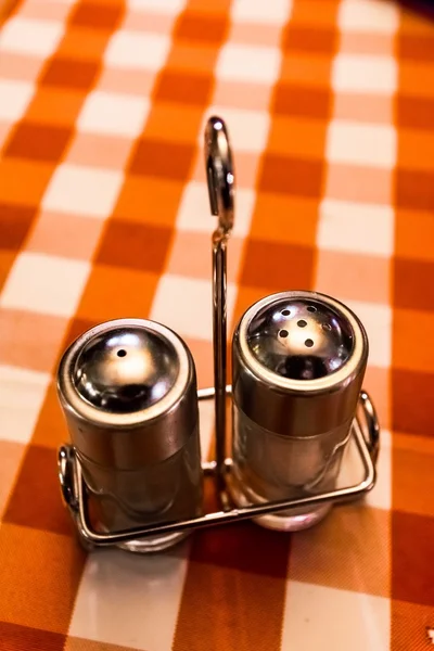 Salt Pepper Shaker Restaurant Industry Red White Plaid Checkerbo — Stock Photo, Image