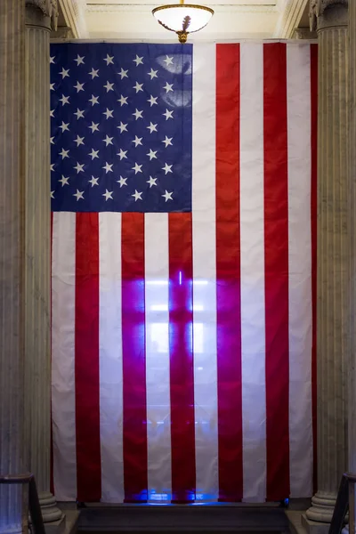 American Flag Closeup Backlit USA Patriotism Hanging Background — Stock Photo, Image