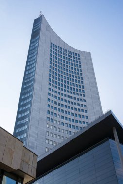 Açık havada G Leipzig Panorama kule Highrise gökdelen mavi gökyüzü