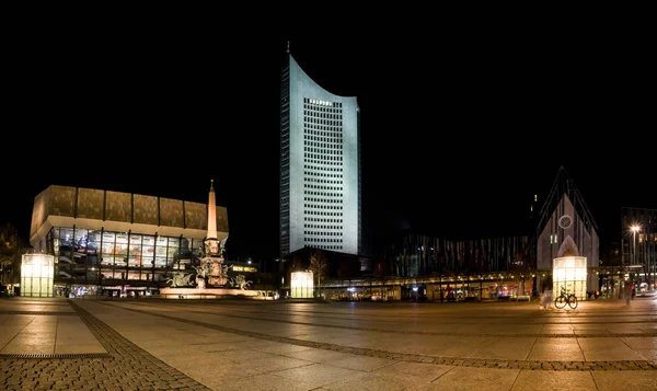 Leipzig Augustusplatz Reflection Night Panorama Tower Windows Af — ストック写真