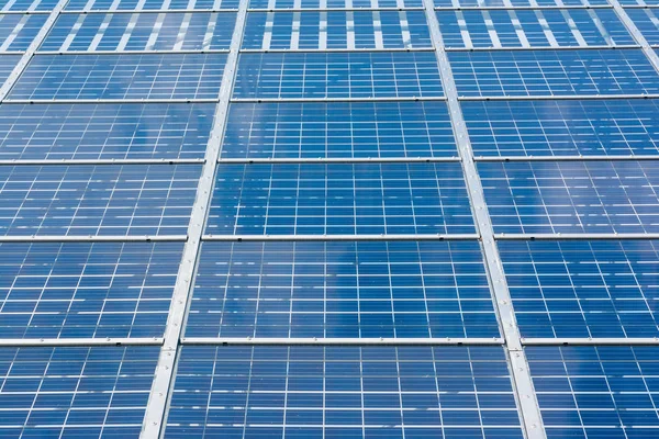Solar Panels Closeup Blue Technology Clear Sunny Day Clouds Refl — Stock Photo, Image