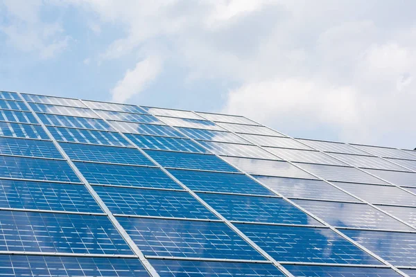 Solar Panels Closeup Blue Technology Clear Sunny Day Clouds Refl — Stock Photo, Image