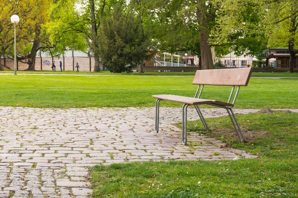 Leere Parkbank grüne Rasenbäume draußen Frühlingstag warm — Stockfoto