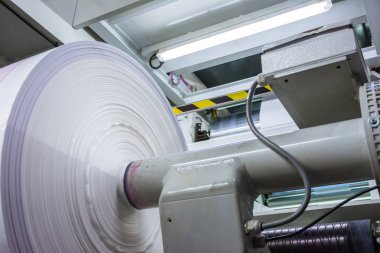 Flexography Roll Material Printed Sheets Cylinder Production. Industrial Magenta Rollers Printer.  Commercial Heavy Flourescent Lights Machine