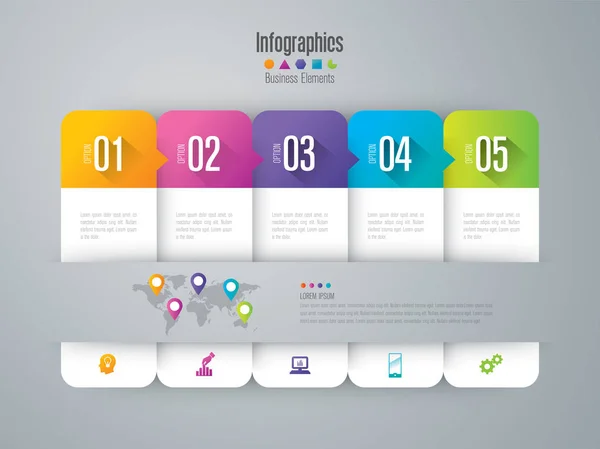 Vector de diseño infográfico e iconos de negocio con 5 opciones . — Archivo Imágenes Vectoriales