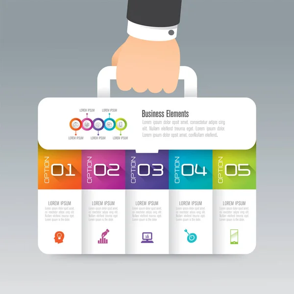 Valise d'affaires infographie vecteur de conception et icônes d'affaires avec 5 options . — Image vectorielle