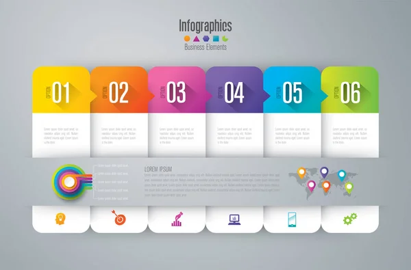 Vector de diseño infográfico e iconos de negocio con 6 opciones . — Vector de stock