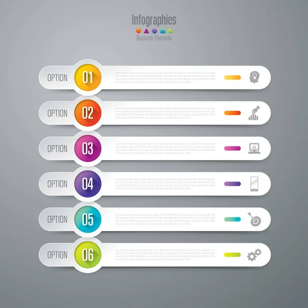 Vector de diseño infográfico e iconos de negocio con 6 opciones . — Vector de stock