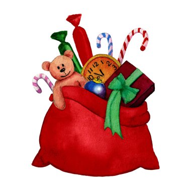 İzole resimde bir sulu boya Noel çanta hediyelerle dolu.