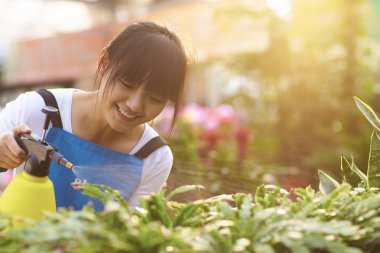 Genç Asyalı kadın çiçekçi sulama çiçek 