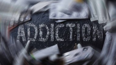 Uyuşturucu bağımlılığı, haplar, burun spreyi. Beyaz yazıtlı siyah arkaplan 