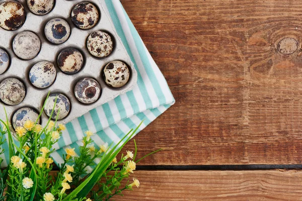 Quail Eggs Wooden Table Close Festive Decoration Flowers Easter Empty — 스톡 사진