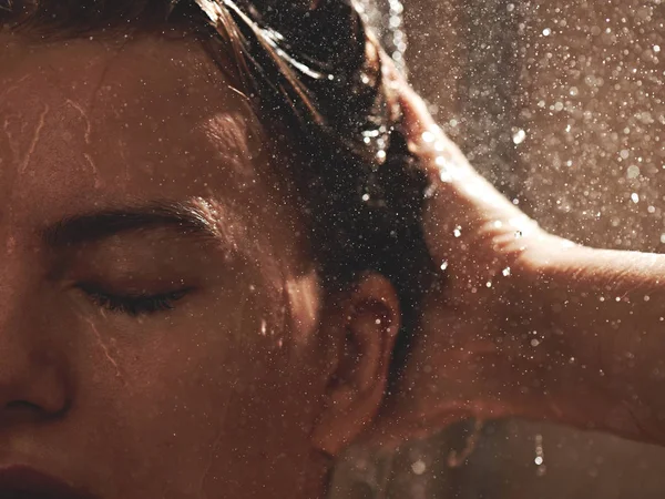 Girl Shower Stream Water Washes Her Hair Wet Face Close — Stock Photo, Image