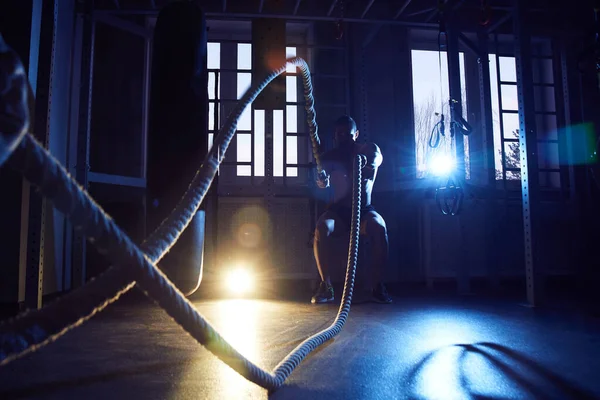 Fitness Athlete Man Muscular Body Does Exercises Ropes Gym Sport — 스톡 사진