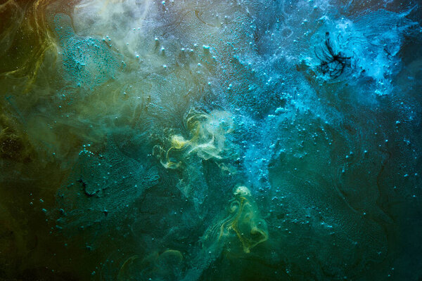 Green blue abstract exoplanet outer space vibrant sea. Waves, splashes and drops of water paint. Mysterious esoteric depths of the galactic ocean