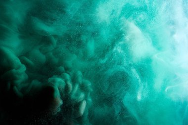 Yeşil mavi soyut dış uzay dalgalı denizi. Dalgalar, sıçramalar ve damlalar. Galaktik okyanusun gizemli gizemli derinlikleri