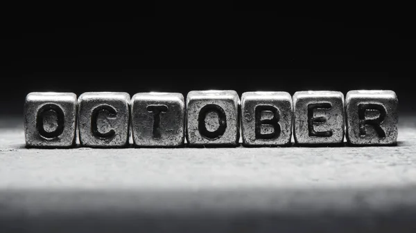 Volumetric Inscription October Silver Metal Cubes Dark Black Background Deadline — Stock Photo, Image