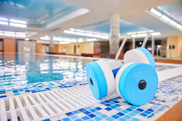 Dumbbells for aqua aerobics near the swimming pool in the gym closeup, underwater fitness and shaping concept