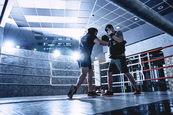 屋内ボクシングリング 暗い色で手袋の列車の戦いを持つプロのボクサー — ストック写真