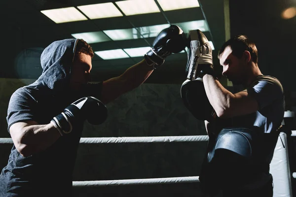 Boxeadores Profesionales Con Guantes Entrenan Peleas Ring Boxeo Interior Colores —  Fotos de Stock