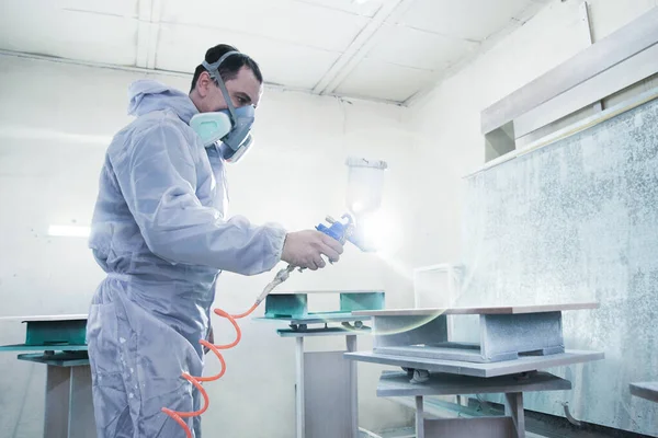 Proceso Producción Fabricación Muebles Madera Fábrica Hombre Trabajador Overoles Pinta —  Fotos de Stock