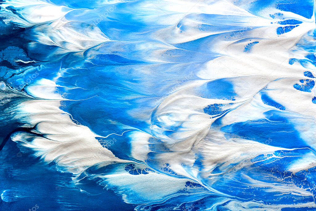 Abstract blue white sea background, fluid sky pattern. Liquid art, ocean acrylic paints