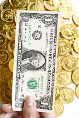 Bir dolar el ve altın sikkeler