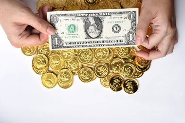 Bir dolar el ve altın sikkeler 