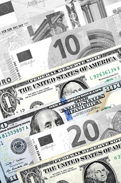 Notas de euro e notas de dólar para fundo — Fotografia de Stock