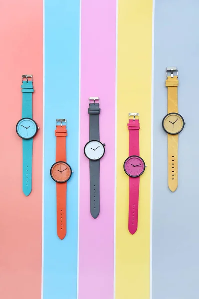 Conjunto Relojes Pulsera Multicolores Para Fondo — Foto de Stock