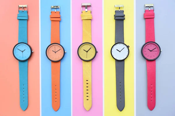 Conjunto Relojes Pulsera Multicolores Para Fondo — Foto de Stock