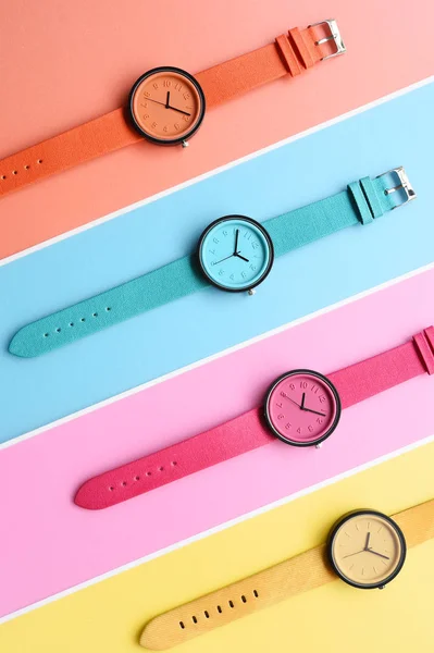 Conjunto Relojes Pulsera Multicolores Para Fondo — Foto de Stock