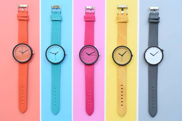 Conjunto Relojes Pulsera Multicolores Para Fondo — Foto de Stock