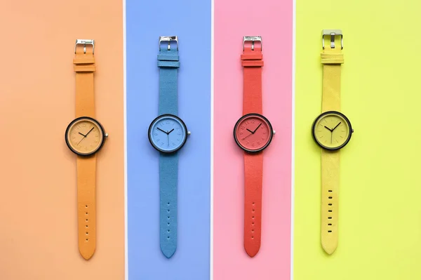 Conjunto Relojes Pulsera Multicolores Para Fondo — Foto de Stock