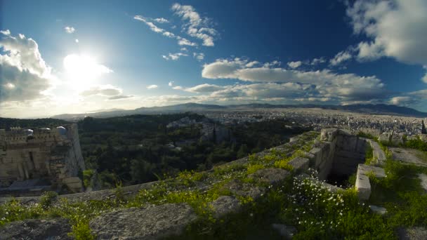 Ruínas Bonitas Sobre Atenas Bela Classicamente Construída Cidade Atenas Vista — Vídeo de Stock