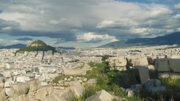 Utsikt Över Aten Med Ruiner Vackert Och Klassiskt Byggda Staden — Stockvideo