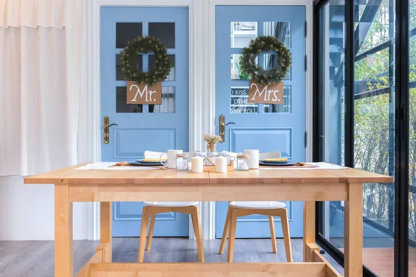 Breakfast table inteior room in the morning. wedding concept.