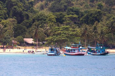 Grup longtail tekneleri ve turistler Rang Adası'nda. (Adası Koh Chang: Trat, Thailand yakınında çaldı)