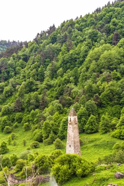 Antigua torre sobre rocas en el pintoresco desfiladero de la montaña — Foto de Stock