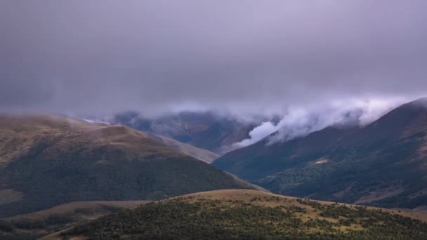 Höga Berg Dimma Molnens Rörelse Bergsravinen Naturen Norra Kaukasus — Stockvideo