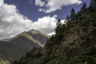 Dağlar bulutlu. Bulutlardaki güzel dağ kayaları. Kuzey Kafkasya 'nın manzarası