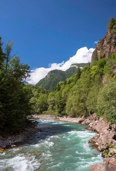 Fiume Montagna Nella Pittoresca Gola Paesaggio Del Caucaso Settentrionale — Foto Stock